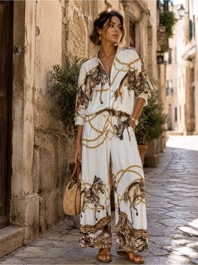 A69. From Italy 🇮🇹 Luxury Horse Print Two piece Set Jacket and Pants